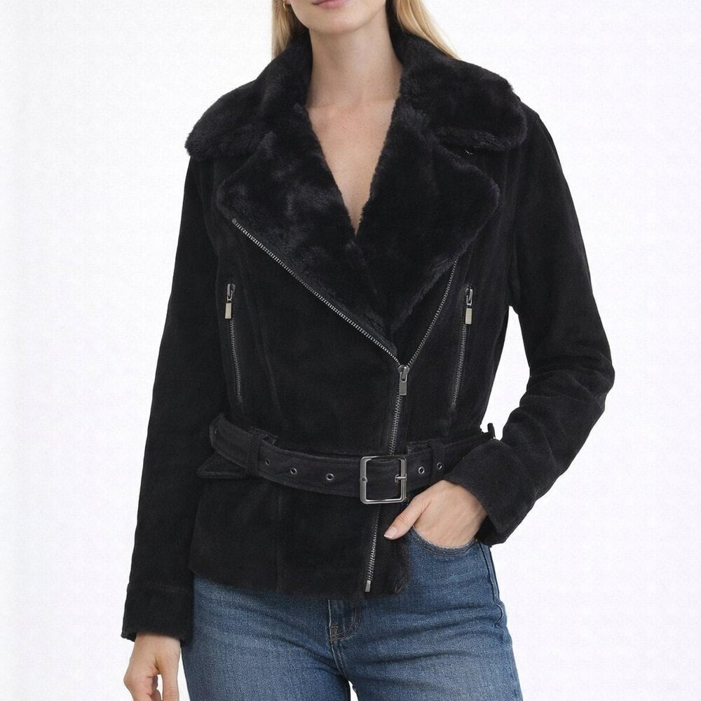 Gallery Black Leather Jacket with Faux‎ Fur Collar – Medium, 100% Leather
